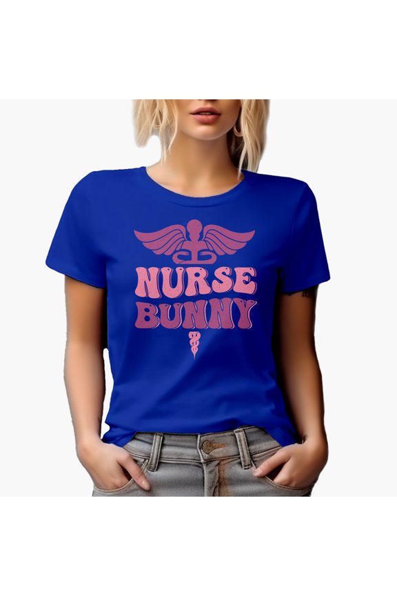Nurse Bunny, Nursing Themed, Groovy Retro Wavy Text Merch Gift, Royal Blue T-Shirt, Small