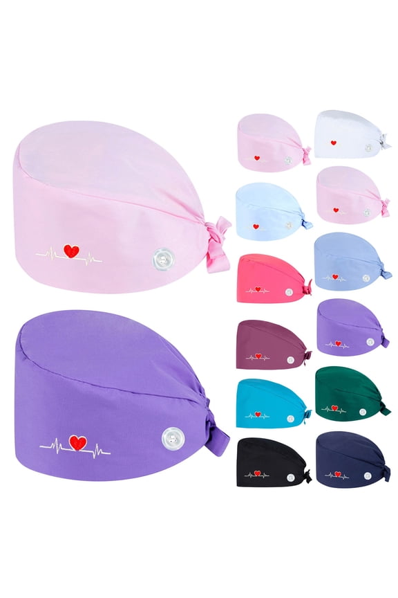 Nurse Caps for Women Nursing Bouffant Working Caps with Button and Sweatband Adjustable Scrub Hats Hot Pink