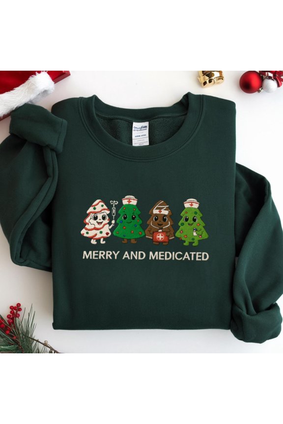 Nurse Christmas Cake Tree Embroidered Sweatshirt, Merry And Medicated Christmas Nurse Crewneck, ER Nurse Crewneck Sweater, RN Nurse Gift