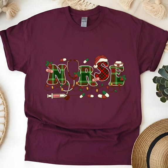 Nurse Christmas Plaid Shirt | Holiday Lights Medical Tee, Maroon, Size M
