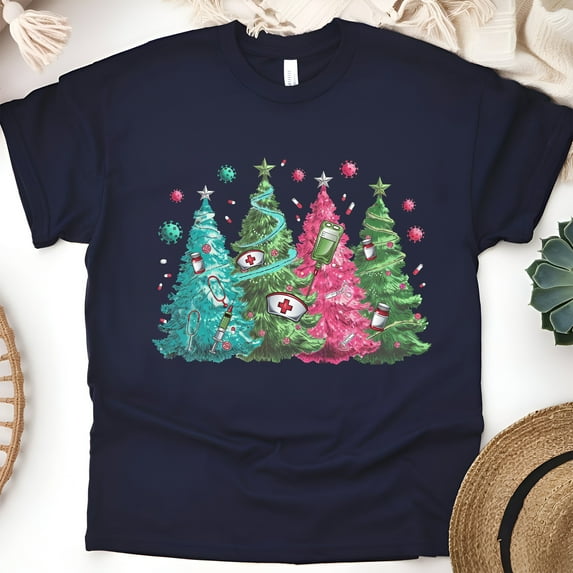 Nurse Christmas Tree Shirt | Medical Holiday Graphic Tee, Navy, Size S