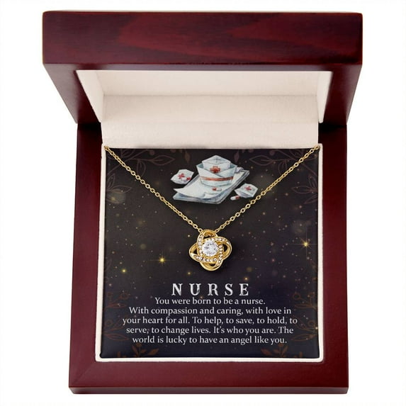 Nurse Crystal Pendant Necklace - Love Knot Necklace - White/Yellow Plated - Message Card & Gift Box