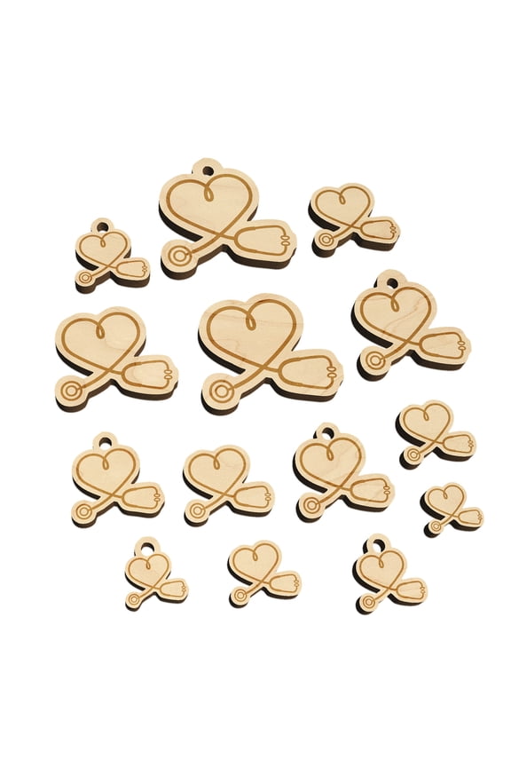 Nurse Doctor Heart Shaped Stethoscope Wood Mini Charms Shapes DIY Craft Jewelry - No Hole - 20mm (15pcs)