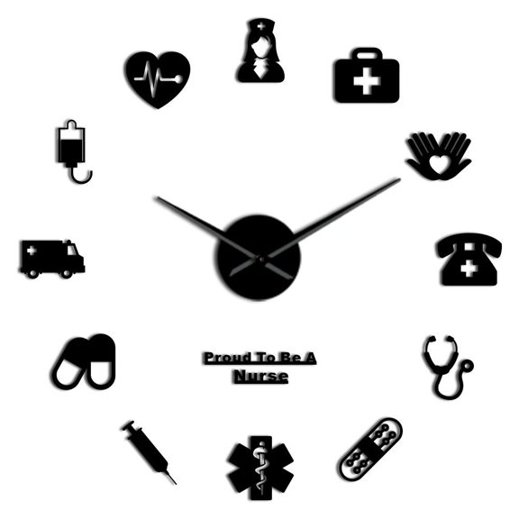 Nurse and Doctor Hospital Frameless Wall Clock Stickers, DIY Modern Decorative Clocks for Living Room, Bedroom, Office - Easy to Install, Large 3D Clock Design (Black,27in)