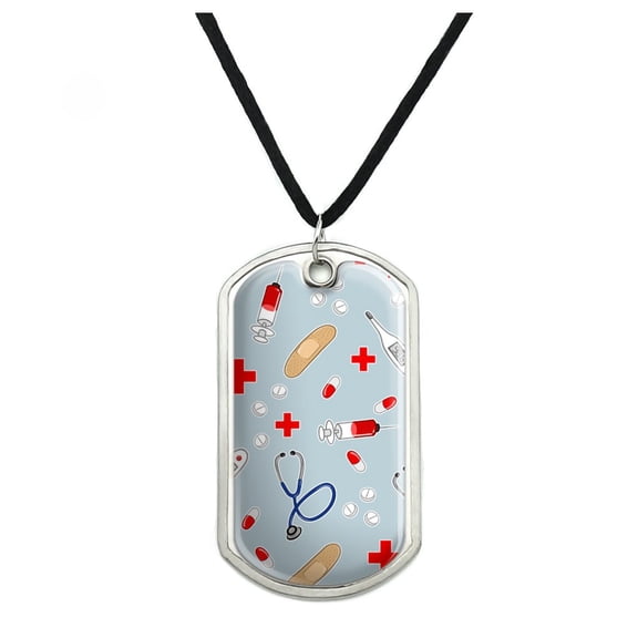 Nurse Doctor Pattern Healthcare Stethoscope Thermometer Military Dog Tag Pendant Necklace with Cord