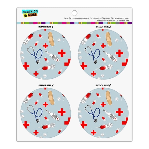 Nurse Doctor Pattern Healthcare Stethoscope Thermometer Refrigerator Fridge Locker Vinyl Circle Magnet Set