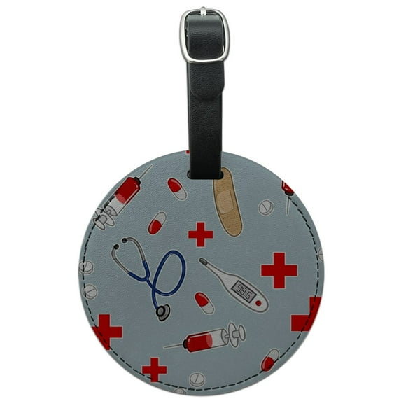 Nurse Doctor Pattern Healthcare Stethoscope Thermometer Round Leather Luggage Card Suitcase Carry-On ID Tag
