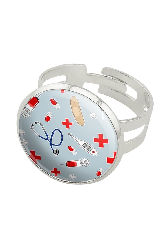 Nurse Doctor Pattern Healthcare Stethoscope Thermometer Silver Plated Adjustable Novelty Ring