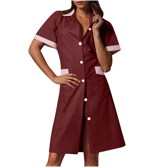 Nurse Dresses for Women with Pockets Button Solid Splicing Lapel Caregiver Dress Nurse Dress