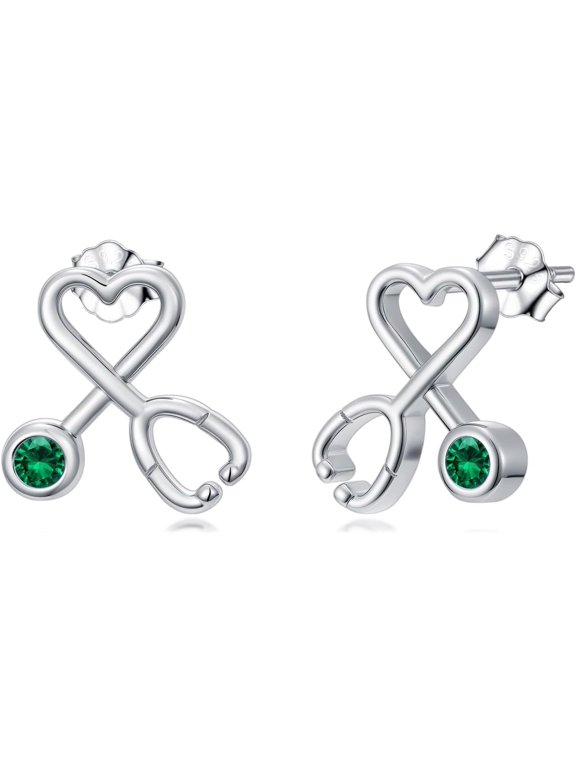 Nurse Earrings 925 Sterling Silver Stethoscope Studs Earrings May Birthstone Emerald Doctor Nurse Jewelry Medical Gifts for Women Nurses