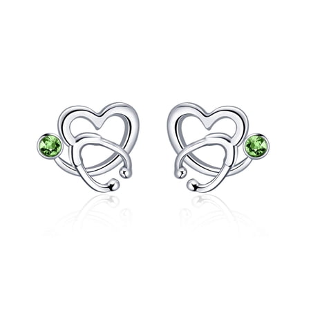 Nurse Earrings 925 Sterling Silver Stethoscope Studs Earrings with August Peridot Birthstone