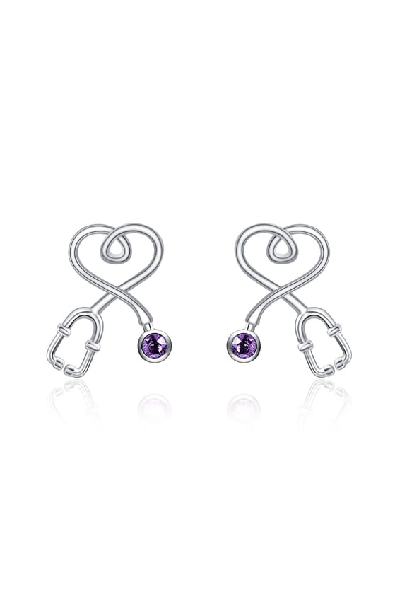 Nurse Earrings Heart Studs 925 Sterling Silver Stethoscope Earrings Simulated Amethyst Birthstone Crystals, Nurse Jewelry Gifts for Women Nurse Doctor RN Medical