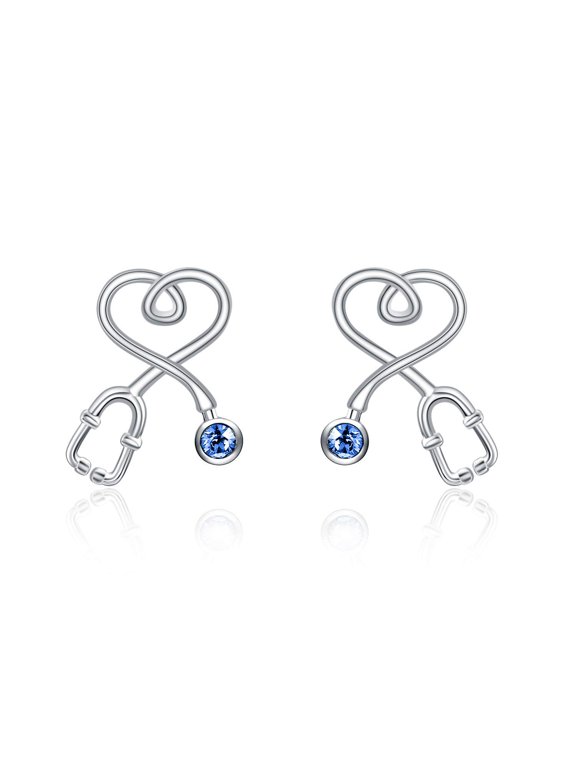 Nurse Earrings Heart Studs Sterling Silver Stethoscope Earrings Simulated Sapphire Birthstone with Crystal,Fine Jewelry Gifts for Nurse Doctor RN Medical Student