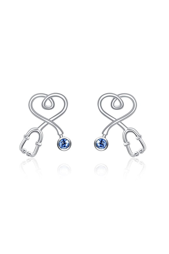 Nurse Earrings Heart Studs Sterling Silver Stethoscope Earrings Simulated Sapphire Birthstone with Crystal,Fine Jewelry Gifts for Nurse Doctor RN Medical Student
