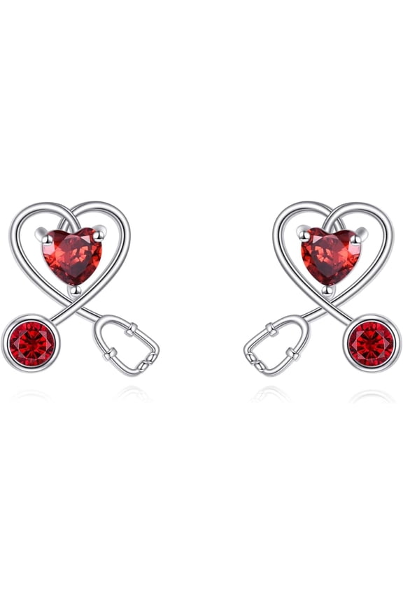 Nurse Earrings for Women 925 Sterling Silver Stethoscope Stud Earrings Heart Birthstone Jewelry Gift