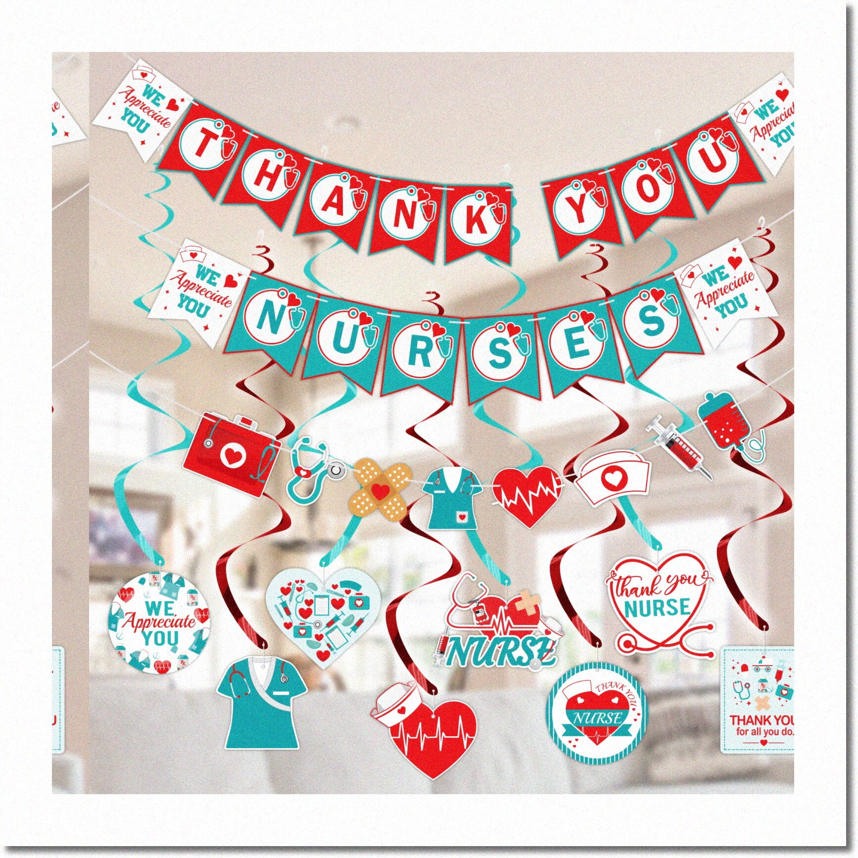 36-Piece Nurse Appreciation Hanging Swirl Decorations - Red & Blue Spiral Party Decor For Nurse Week