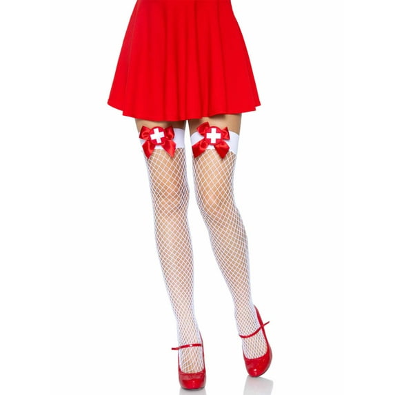 Nurse Fishnets with Red Bows Thigh High Adult Halloween Accessory, One Size, (4-14)