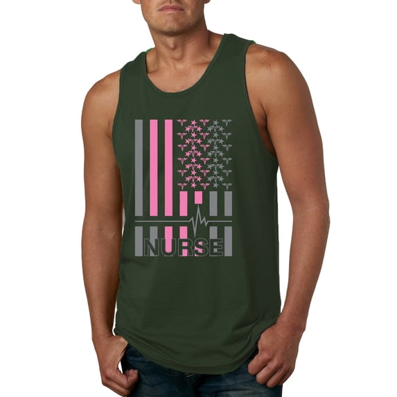 Nurse Flag Heartbeat Hero Caregiver Nurse Gift | Mens Independence Day Graphic Tank Top, Forest Green, Small