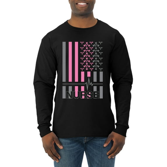 Nurse Flag Heartbeat Hero Caregiver Nurse Gift | Mens Independence Day Long Sleeve T-Shirt, Black, Large