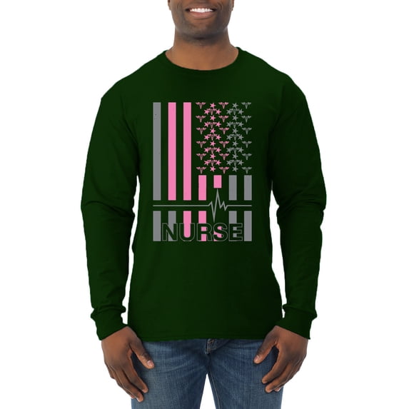Nurse Flag Heartbeat Hero Caregiver Nurse Gift | Mens Independence Day Long Sleeve T-Shirt, Forest Green, Large