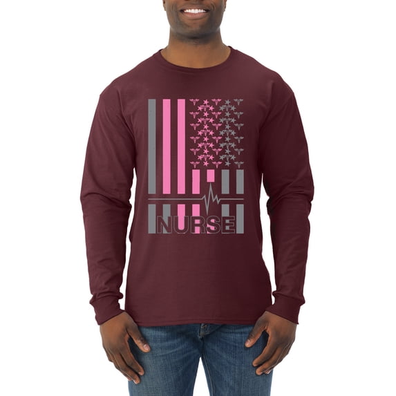 Nurse Flag Heartbeat Hero Caregiver Nurse Gift | Mens Independence Day Long Sleeve T-Shirt, Maroon, 2XL