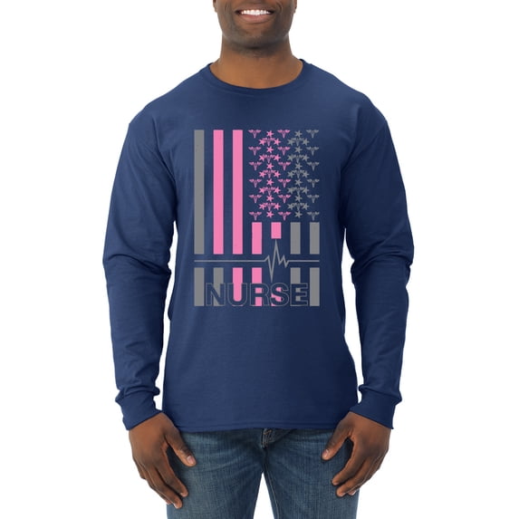 Nurse Flag Heartbeat Hero Caregiver Nurse Gift | Mens Independence Day Long Sleeve T-Shirt, Navy, 2XL