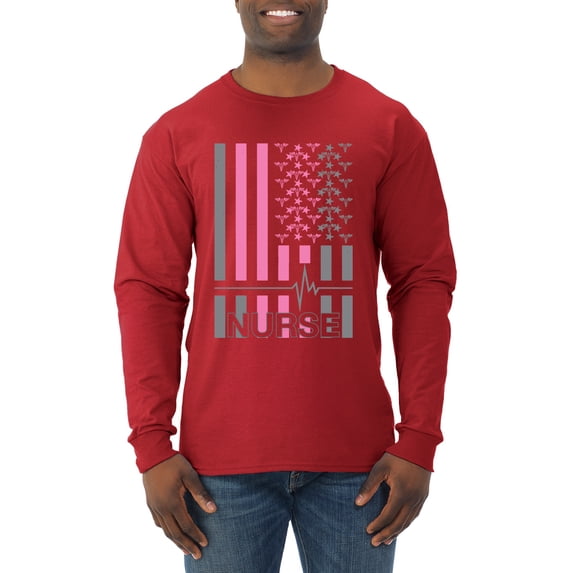 Nurse Flag Heartbeat Hero Caregiver Nurse Gift | Mens Independence Day Long Sleeve T-Shirt, Red, Small