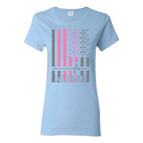 Nurse Flag Heartbeat Hero Caregiver Nurse Gift | Womens Independence Day Graphic T-Shirt, Light Blue, Medium