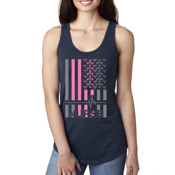 Nurse Flag Heartbeat Hero Caregiver Nurse Gift | Womens Independence Day Jersey Racerback Tank Top, Navy, Large