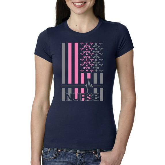 Nurse Flag Heartbeat Hero Caregiver Nurse Gift | Womens Independence Day Slim Fit Junior Tee, Navy, Large