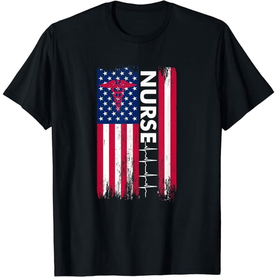 Nurse Flag Heartbeat Line USA American Heroes Nurses Gifts T-Shirt
