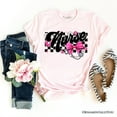 thumbnail image 1 of Nurse Floral Coquette Pink Bow T-Shirt, Retro Stethoscope Checkered Tee, 1 of 8