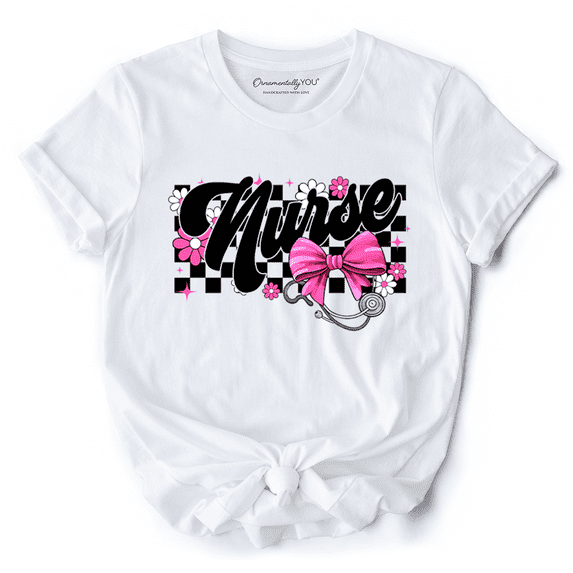 Nurse Floral Coquette Pink Bow T-Shirt, Retro Stethoscope Checkered Tee
