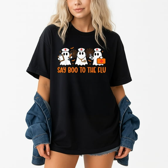 Nurse Ghost Halloween Vaccine Say Boo To The Flu – T-Shirt, Hoodie & Sweatshirt – Healthcare & Humor – Perfect for