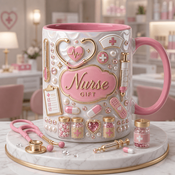 Nurse Gift Mug 3D Pink Faux 3D Effect Nurse Mug for RN, Nursing Student, Graduation