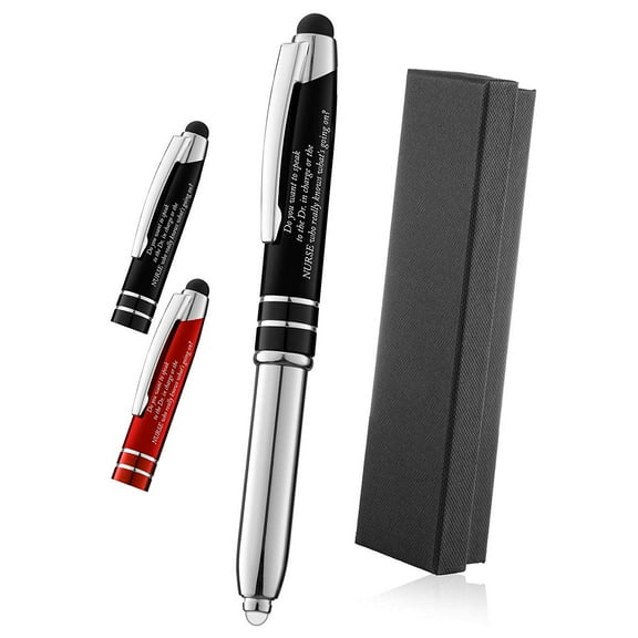 Nurse Gift Pen With Engraved Messaged - 3-In-1 Metal Ballpoint Pen, Tablet and Phone Stylus, And LED Flashlight - Black - By SyPen