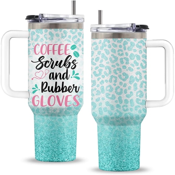 Nurse Gifts, 40 Oz Coffee Sciubs and Rubber Gloves Tumbler with Handle & Straw, Nursing Gift, Birthday Present for Healthcare Worker, Nurse Green Leopard Tumbler, Gifts for Mothers Day