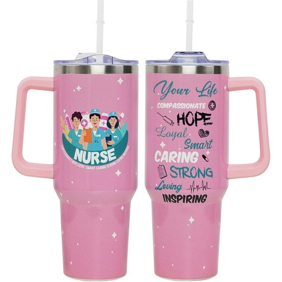 Nurse Gifts - 40 oz Tumbler With Handle and Straw, Insulated Stainless Steel Travel Mug for Women, Nurses Week Appreciation, New Nurse Gift