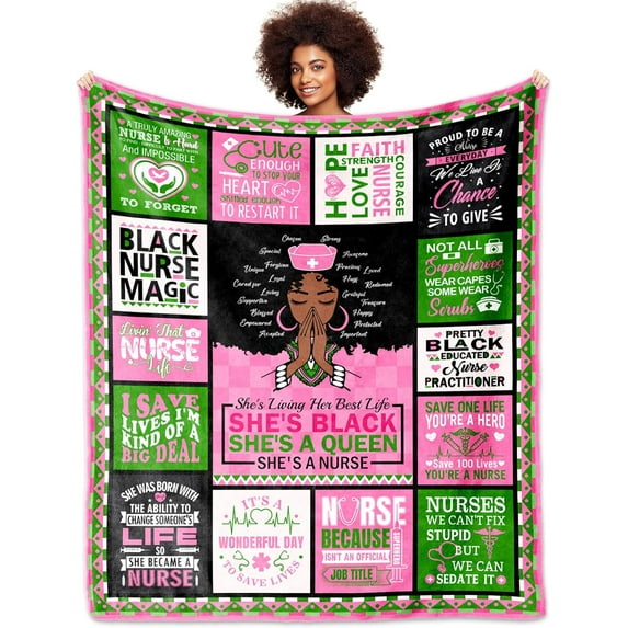 Nurse Gifts Blanket 50*60", Nurses Week Gifts, Sorority Gifts for Women, Black Nurse Appreciation Gifts, Pink and Green Blanket for Black Girl Nurses, African American Nurse Graduation Gifts