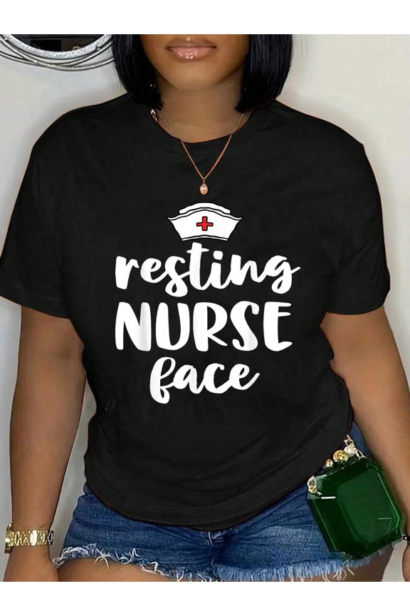 Nurse Gifts For Women Funny Nursing Resting Nurse Face Crew Neck Cotton Women's Graphic Tee Casual Daily Wear T-Shirt