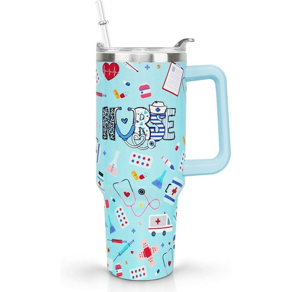 Nurse Gifts Nurse Blue Tumbler 40 oz with Handl and Straw, Nursing Graduation Gifts Nurse Cup Nurse Appreciation Gifts Coffee Travel Mug