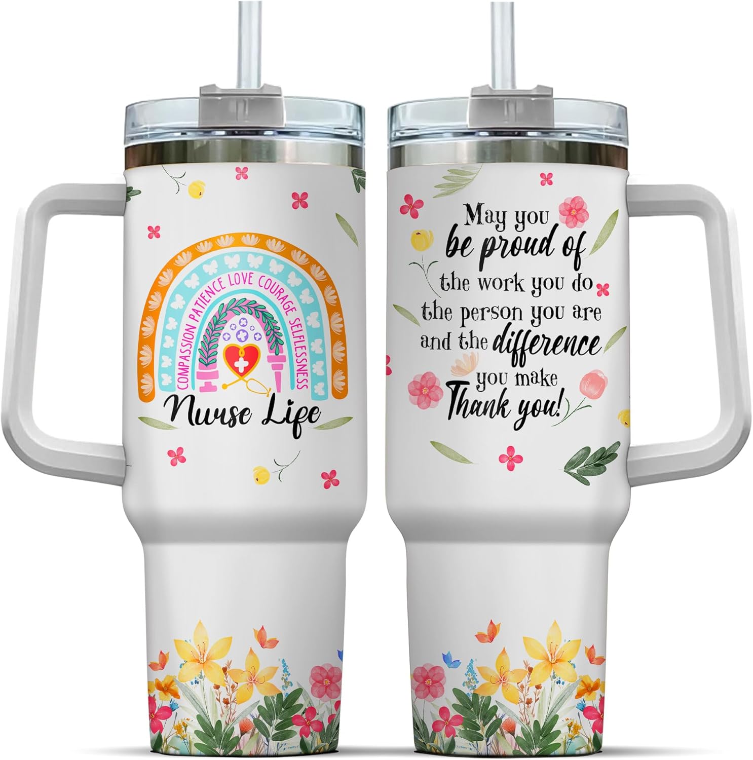 Nurse Gifts, Tumbler 40 Oz With Handle Lid And Straw, Nurse Rainbow Color, Engraved Nursing Cups Straws Funny Cup Nurses Tumblers Flower Handle Student Travel Coffee Week Er