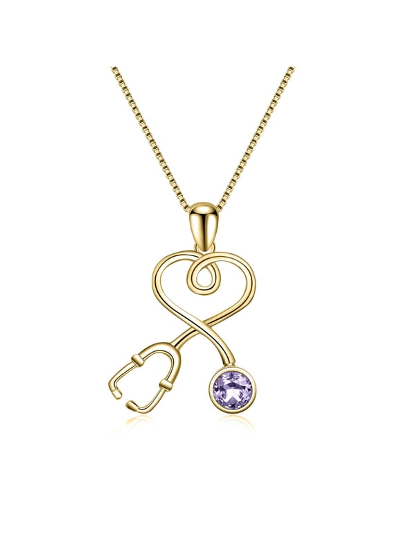 Nurse Gifts for Women 925 Sterling Silver 14K Gold Plated Stethoscope Pendant Necklace with June Birthstone, Doctor Necklace Jewelry Gifts for RN Medical Students White Coat Ceremony