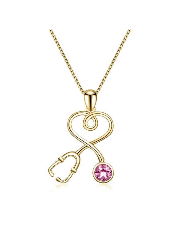 Nurse Gifts for Women 925 Sterling Silver 14K Gold Plated Stethoscope Pendant Necklace with October Birthstone, Doctor Necklace Jewelry Gifts for RN Medical Students White Coat Ceremony