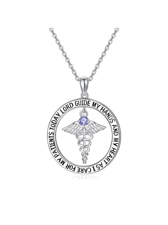 Nurse Gifts for Women 925 Sterling Silver Nurse's Prayer Necklace with Caduceus Nursing Graduation Gift for Nurses Medical Student Made with Alexandrite Birthstone (June)