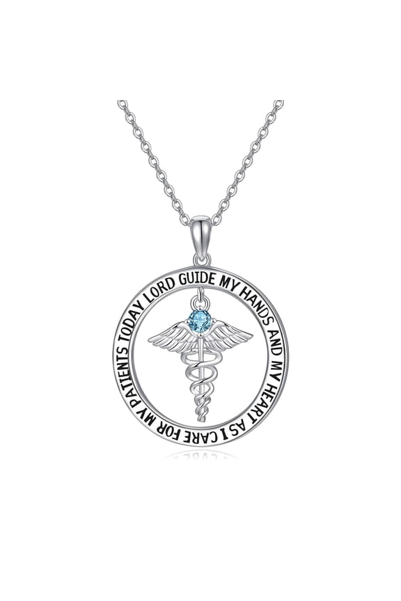 Nurse Gifts for Women 925 Sterling Silver Nurse's Prayer Necklace with Caduceus Nursing Graduation Gift for Nurses Medical Student Made with Aquamarine Birthstone (March)
