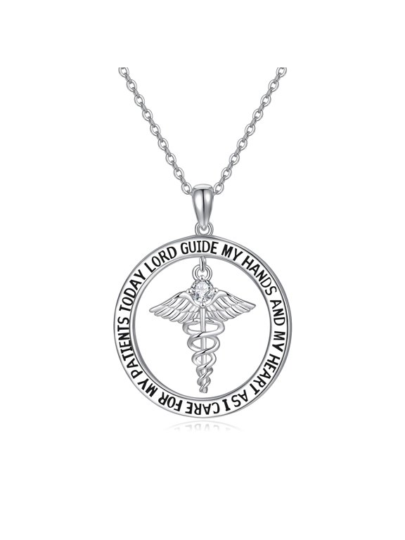 Nurse Gifts for Women 925 Sterling Silver Nurse's Prayer Necklace with Caduceus Nursing Graduation Gift for Nurses Medical Student Made with Birthstone (April)