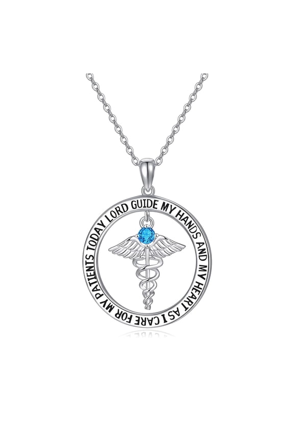 Nurse Gifts for Women 925 Sterling Silver Nurse's Prayer Necklace with Caduceus Nursing Graduation Gift for Nurses Medical Student Made with Blue Birthstone (December)