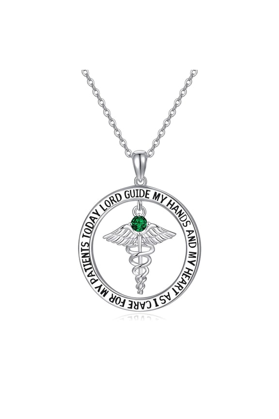 Nurse Gifts for Women 925 Sterling Silver Nurse's Prayer Necklace with Caduceus Nursing Graduation Gift for Nurses Medical Student Made with Emerald Birthstone (May)