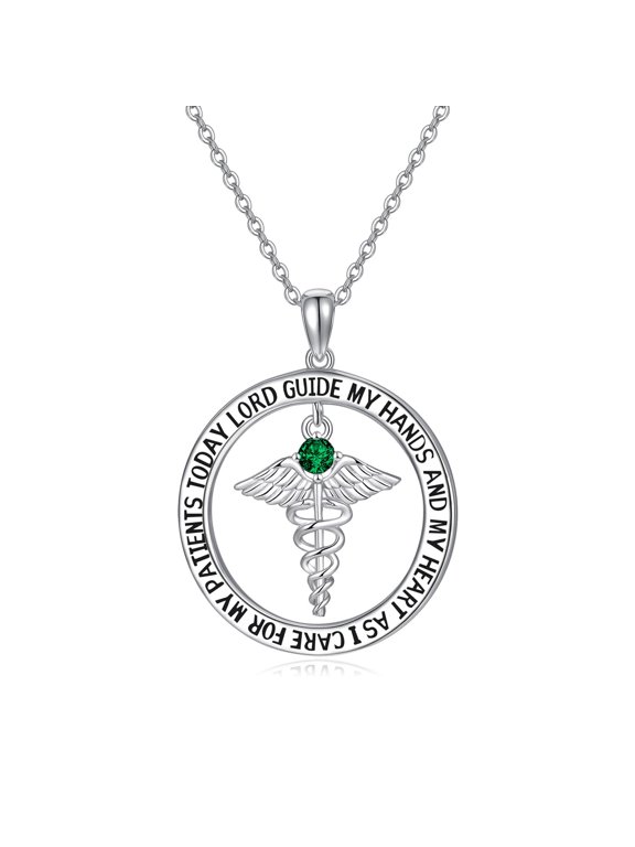 Nurse Gifts for Women 925 Sterling Silver Nurse's Prayer Necklace with Caduceus Nursing Graduation Gift for Nurses Medical Student Made with Emerald Birthstone (May)